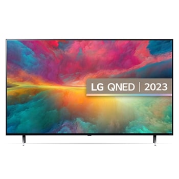 Een vooraanzicht van de LG QNED TV met invulbeeld en productlogo op