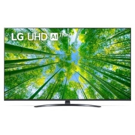Widok z przodu telewizora LG UHD z obrazem wypełniającym i logo produktu