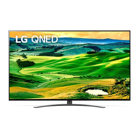Widok z przodu telewizora LG QNED z obrazem wypełniającym i logo produktu
