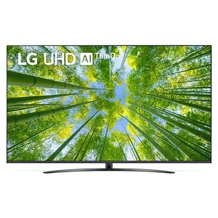 Widok z przodu telewizora LG UHD z obrazem wypełniającym i logo produktu