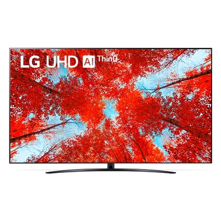 Widok z przodu telewizora LG UHD z obrazem wypełniającym i logo produktu