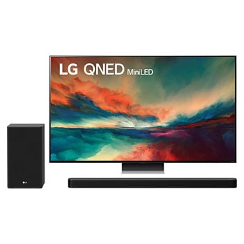Widok z przodu telewizora LG QNED z obrazem wypełniającym i logo produktu,widok z przodu z subwooferem
