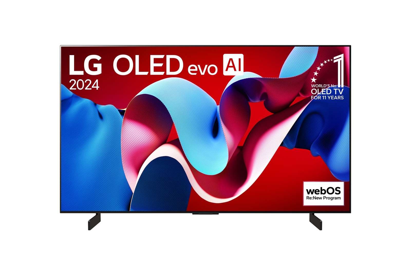 Widok z przodu LG OLED evo AI TV, OLED C4, logo emblematu „11 Years of World Number 1 OLED” i logo programu webOS Re:New na ekranie