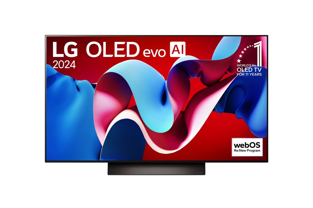 Widok z przodu LG OLED evo AI TV, OLED C4, logo emblematu „11 Years of World Number 1 OLED” i logo programu webOS Re:New na ekranie