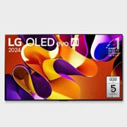 Widok z przodu LG OLED evo AI TV, OLED G4, logo emblematu „11 Years of World Number 1 OLED” i logo webOS Re:New Program i logo 5-letniej gwarancji na panel na ekranie
