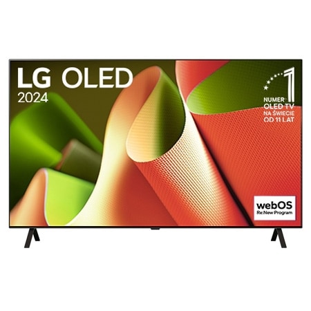Widok z przodu LG OLED TV, OLED B4, logo emblematu „11 Years of World Number 1 OLED” i logo programu webOS Re:New na ekranie z 2-biegunową podstawką