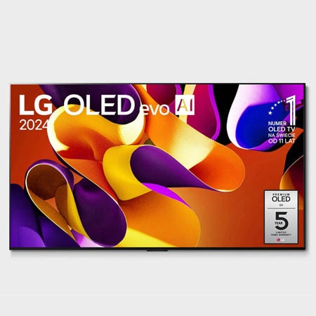 Widok z przodu LG OLED evo AI TV, OLED G4, logo emblematu „11 Years of World Number 1 OLED” i logo webOS Re:New Program na ekranie