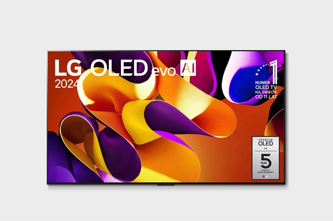 Widok z przodu LG OLED evo AI TV, OLED G4, logo emblematu „11 Years of World Number 1 OLED” i logo webOS Re:New Program na ekranie