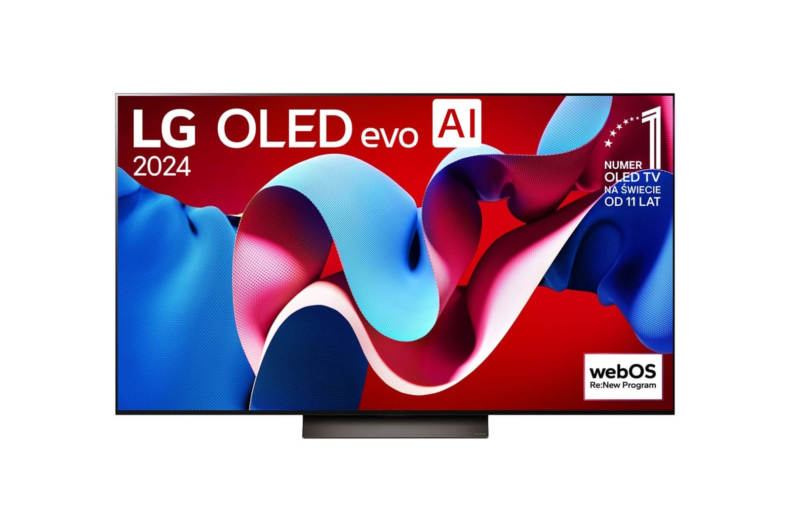 Widok z przodu LG OLED evo AI TV, OLED C4, logo emblematu „11 Years of World Number 1 OLED” i logo programu webOS Re:New na ekranie, a także na soundbarze poniżej
