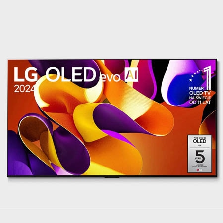 Widok z przodu LG OLED evo AI TV, OLED G4, logo emblematu „11 Years of World Number 1 OLED” i logo webOS Re:New Program na ekranie