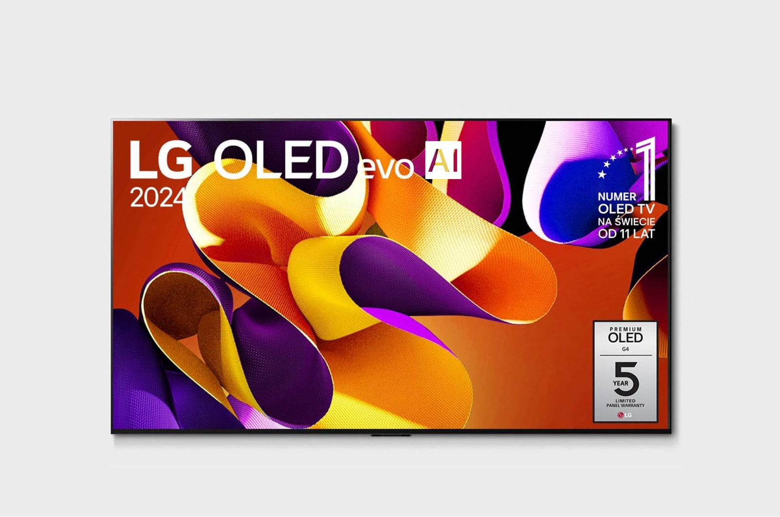 Widok z przodu LG OLED evo AI TV, OLED G4, logo emblematu „11 Years of World Number 1 OLED” i logo webOS Re:New Program na ekranie