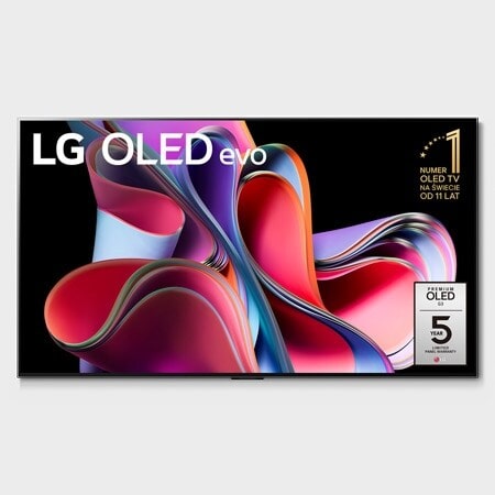 Widok od przodu telewizora LG OLED evo, napis Od 10 lat telewizor OLED nr 1 na świecie, i logo 5-letniej gwarancji na matrycę