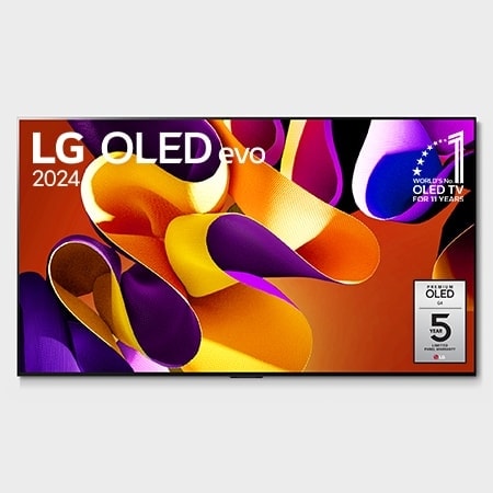 Widok z przodu LG OLED evo TV, OLED C4, emblemat „11 Years of World Number 1 OLED” i logo 5-letniej gwarancji na panelu na ekranie