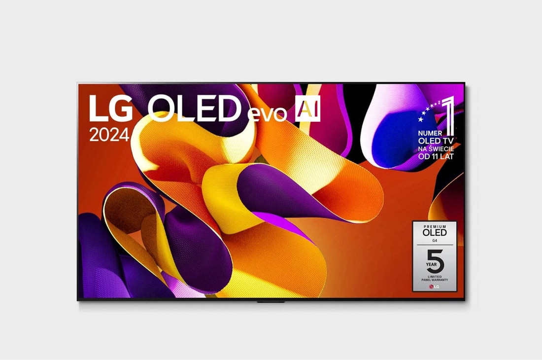 Widok z przodu LG OLED evo AI TV, OLED G4, logo emblematu „11 Years of World Number 1 OLED” i logo webOS Re:New Program na ekranie