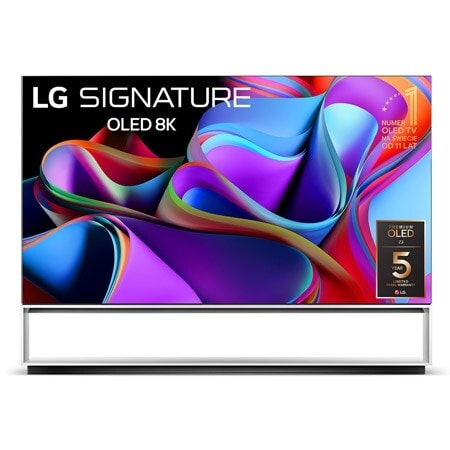 Widok od przodu telewizora LG OLED 8K evo, napis Od 11 lat telewizor OLED nr 1 na świecie, i logo 5-letniej gwarancji na matrycę