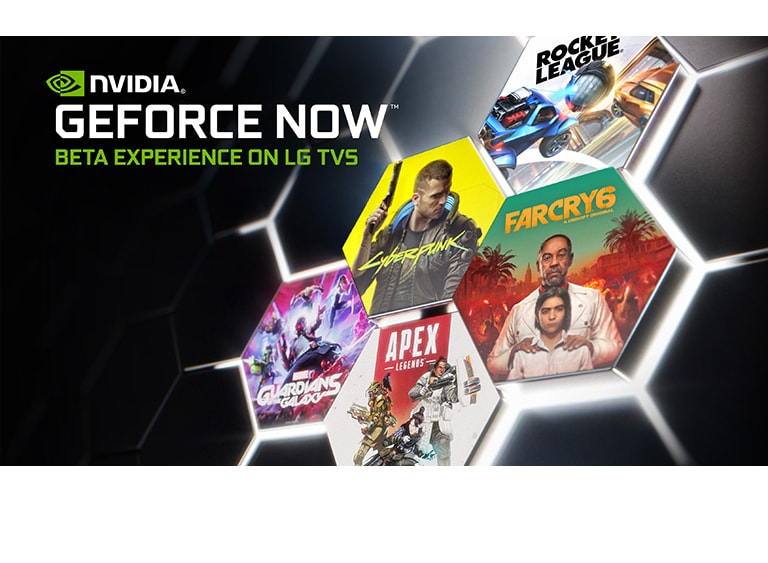 Obraz przedstawiający logo GeForce Now na ciemnym tle. Pokazane są okładki i tytuły kilku popularnych gier.