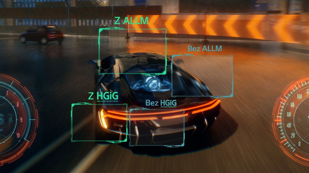 Scena z gry wyścigowej przedstawiająca obraz ulepszony przez HGIG i ALLM w porównaniu z obrazem bez tych ulepszeń.
