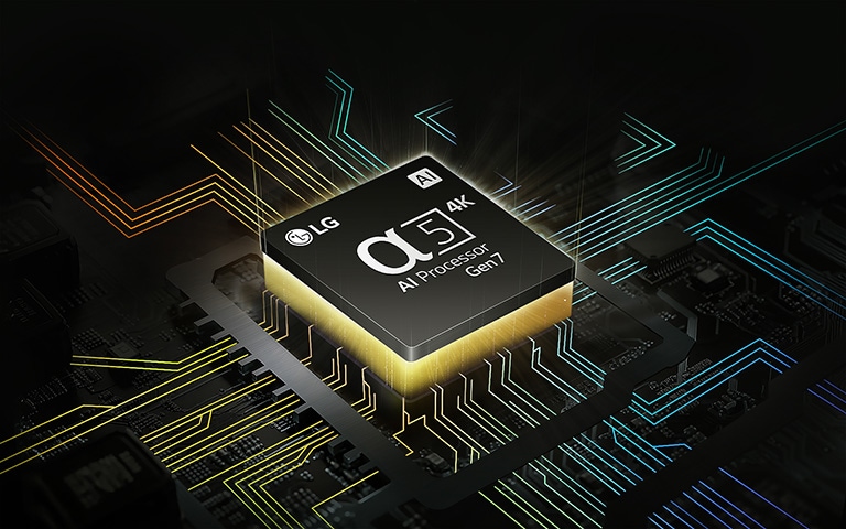 Procesor AI α5 4K Gen7 od LG z żółtym, emanującym od spodu światłem i rozgałęziającymi się kolorowymi liniami płytek drukowanych.