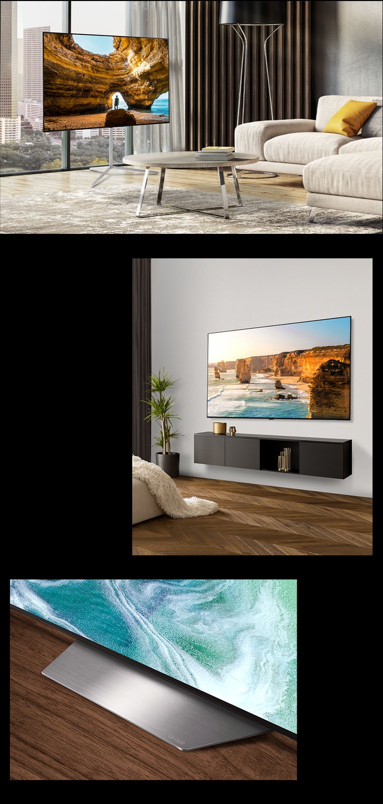 Zdjęcie telewizora LG OLED B3 z podstawą podłogową naprzeciwko okna wychodzącego na miasto. LG OLED B3 na ścianie w nowocześnie urządzonym pokoju. Dolny róg podstawy telewizora LG OLED B3.