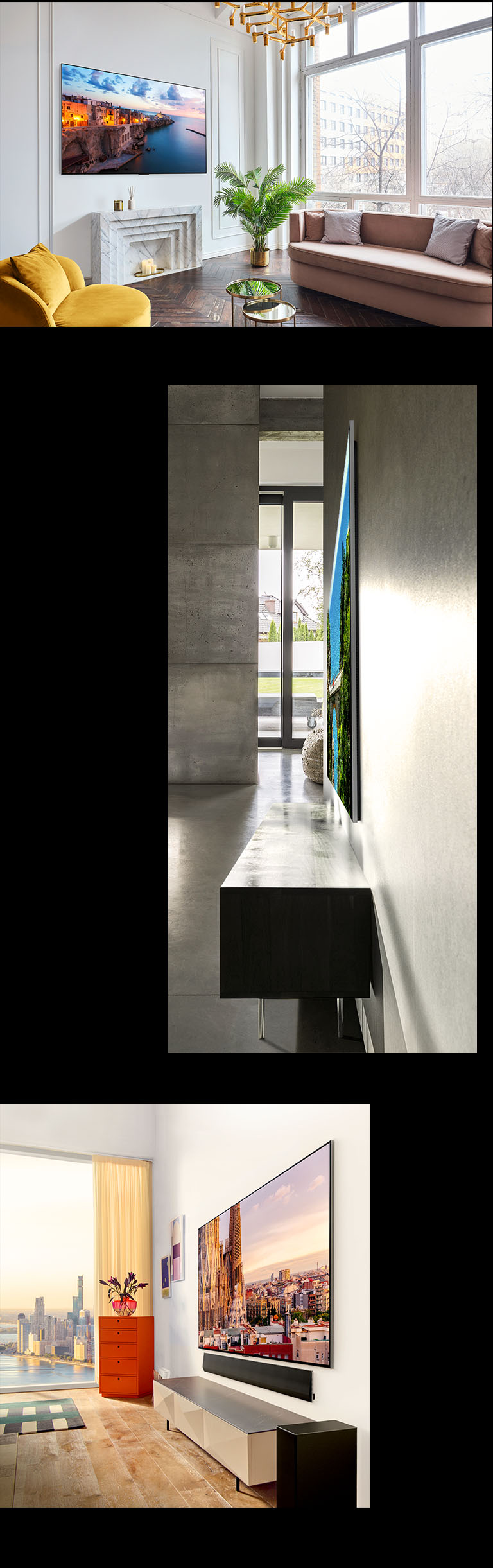 Zdjęcie telewizora LG OLED G3 na ścianie bogato zdobionego pokoju przedstawiającego One Wall Design. Widok z boku niewiarygodnie cienkiej konstrukcji telewizora LG OLED G3. Widok z ukosa telewizora LG OLED G3 na ścianie apartamentu z widokiem na miasto i soundbarem pod spodem.