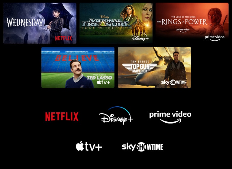 Plakat Wednesday z Netfliksa, Skarb narodowy z Disney+, Pierścienie władzy z Prime Video, Ted Lasso z Apple TV Plus.