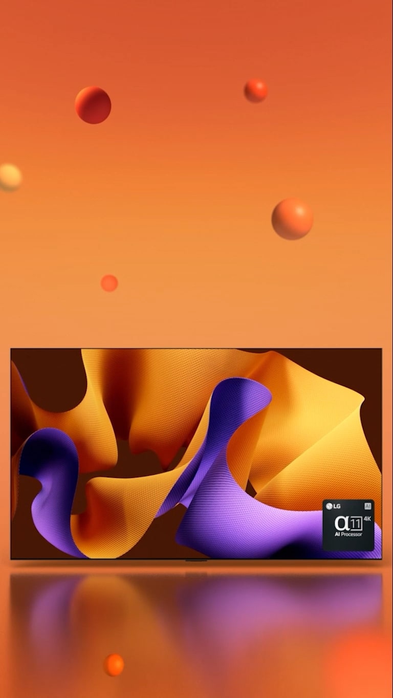 LG OLED G4 skierowany pod kątem 45 stopni w prawo z fioletowo-pomarańczową, abstrakcyjną grafiką na ekranie na pomarańczowym tle z kulami 3D, obracający się do przodu. W prawym, dolnym rogu znajduje się logo procesora AI LG alpha 11.