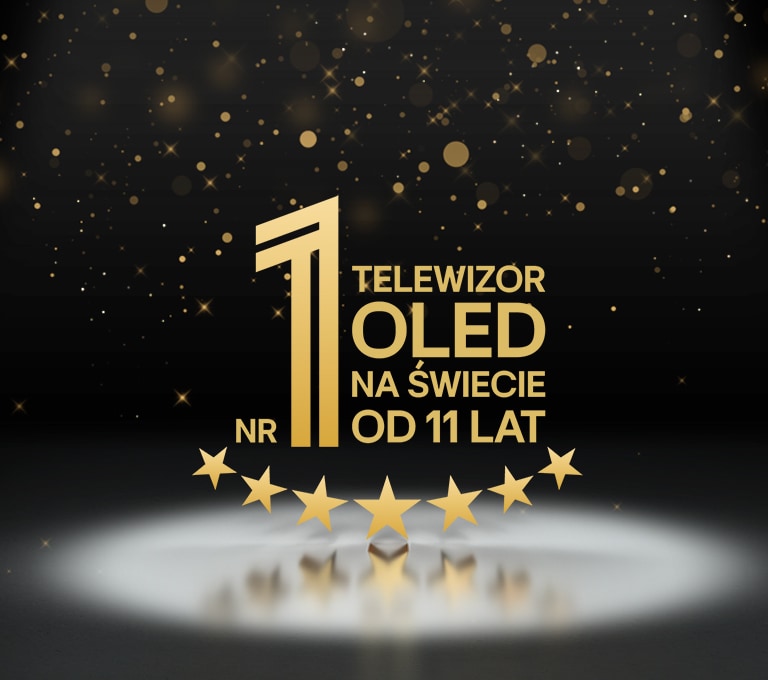 "Złoty emblemat „Najlepszy na świecie OLED TV od 11 lat” na czarnym tle. Na emblemacie świeci reflektor, a złote abstrakcyjne gwiazdy wypełniają niebo powyżej.	"