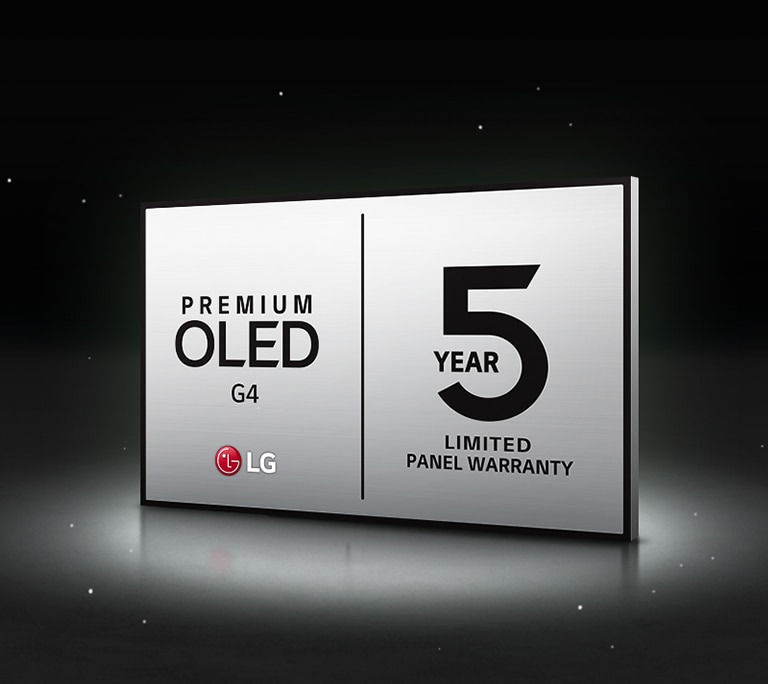LG OLED Care+ i logo 5-letniej gwarancji na panelu na czarnym tle.