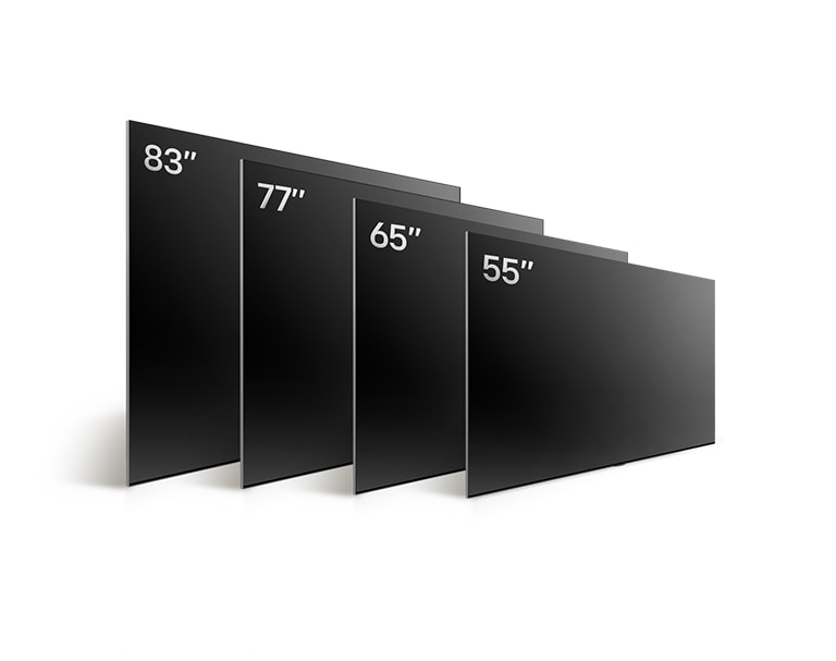 Porównanie LG OLED TV, OLED G4 w różnych rozmiarach, pokazujące OLED G4 55", OLED G4 65", OLED G4 77" i OLED G4 83".