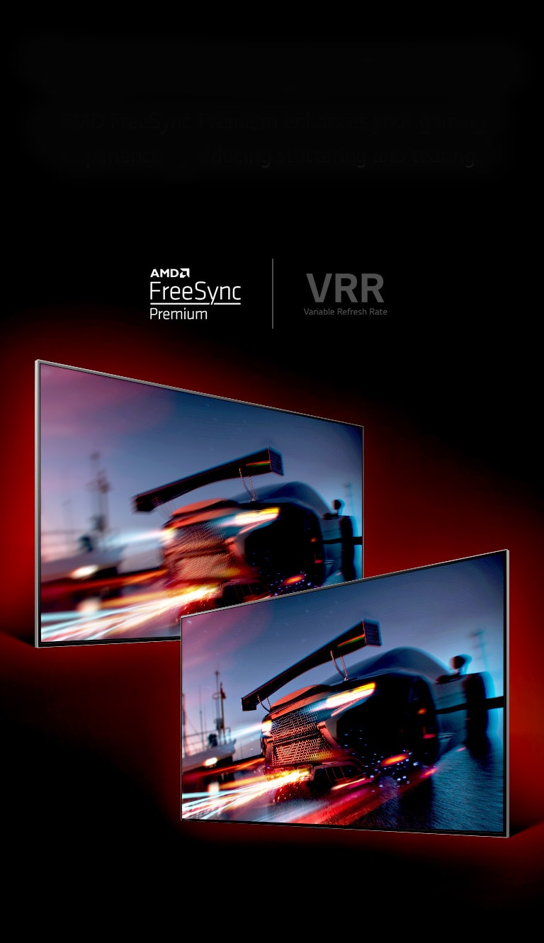 Dwa telewizory ustawione naprzeciwko siebie. Telewizor po lewej stronie przedstawia szybki samochód wyścigowy, który wydaje się nieco zamazany, natomiast szybki samochód wyścigowy po prawej stronie jest bardzo wyraźny.