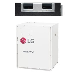 Klimatyzator LG Multi V M, składający się z czarnej jednostki wewnętrznej montowanej na suficie i białej jednostki zewnętrznej ze sprężarką. Widoczne jest logo firmy LG.