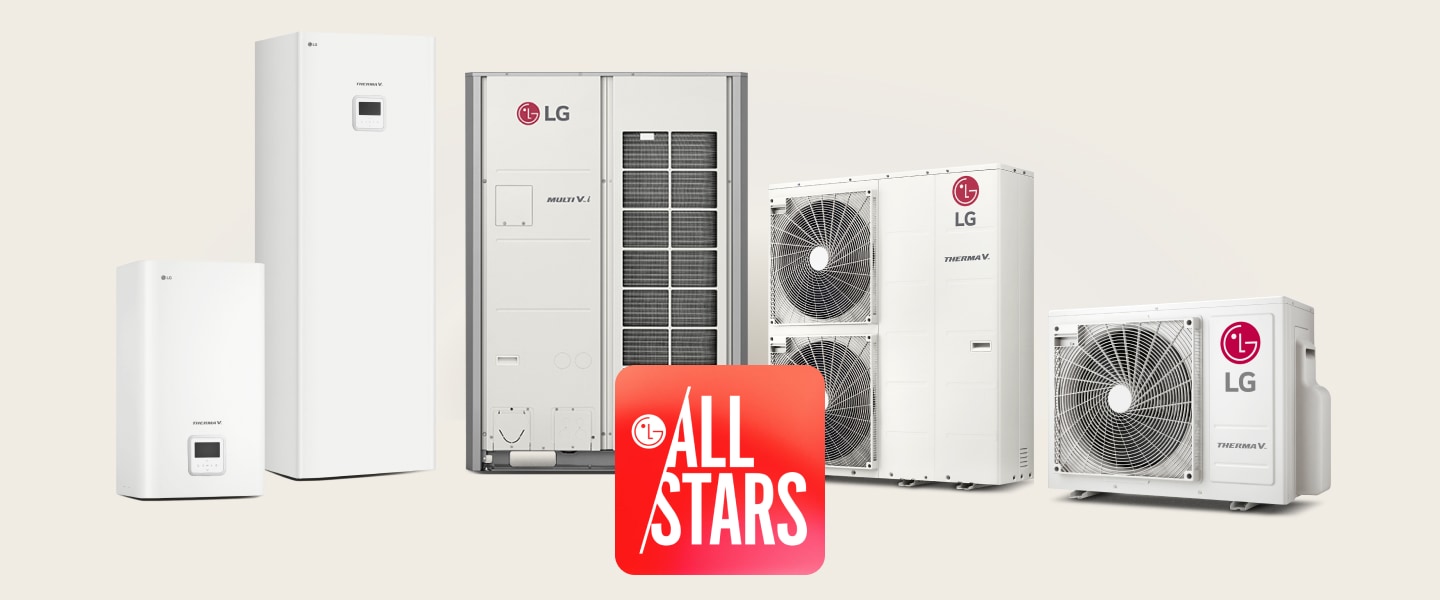 There is the LG All Stars logo in the center and five LG Air to Water Heat Pump THERMA V are listed behind it.
