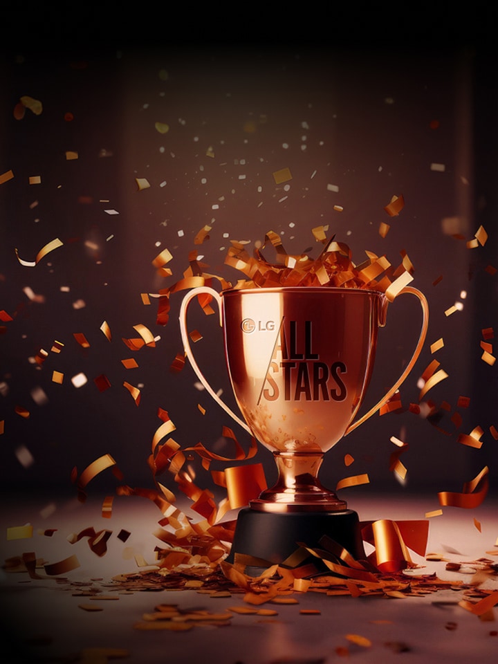 Grafika ze złotym trofeum z wygrawerowanym napisem LG All Stars, z petardami w tle. 