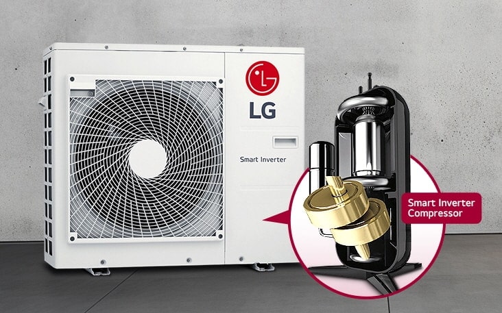 W jednej przestrzeni znajduje się LG Multi V S ustawiony na wprost, a przed nim znajduje się ikona dymka, w której podkreślono obraz części LG Smart Inverter Compressor.