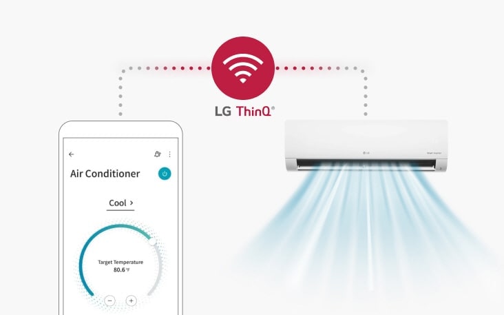 Po prawej stronie na białym tle znajduje się klimatyzator LG montowany na ścianie, który wydmuchuje chłodne powietrze, a ikona Wi-Fi łączy go z obrazem telefonu z włączoną aplikacją LG ThinQ po lewej stronie.