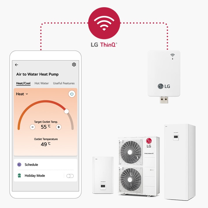 Smartfon pokazujący sygnał WiFi znajduje się po lewej stronie, połączony z pompą ciepła LG typu Hydrosplit po prawej stronie za pomocą przerywanej linii.