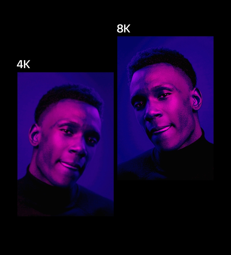 Po prawej znajduje się obraz przedstawiający zbliżenie męskiej twarzy oświetlonej fioletowym światłem, nad którą znajduje się napis 8K. Obraz jest bardzo wyraźny. Po lewej stronie znajduje się ten sam obraz, który jest mniej wyraźny i opatrzony u góry napisem 2K. Obraz ten staje się wyraźniejszy i tekst na górze zmienia się na 4K.
