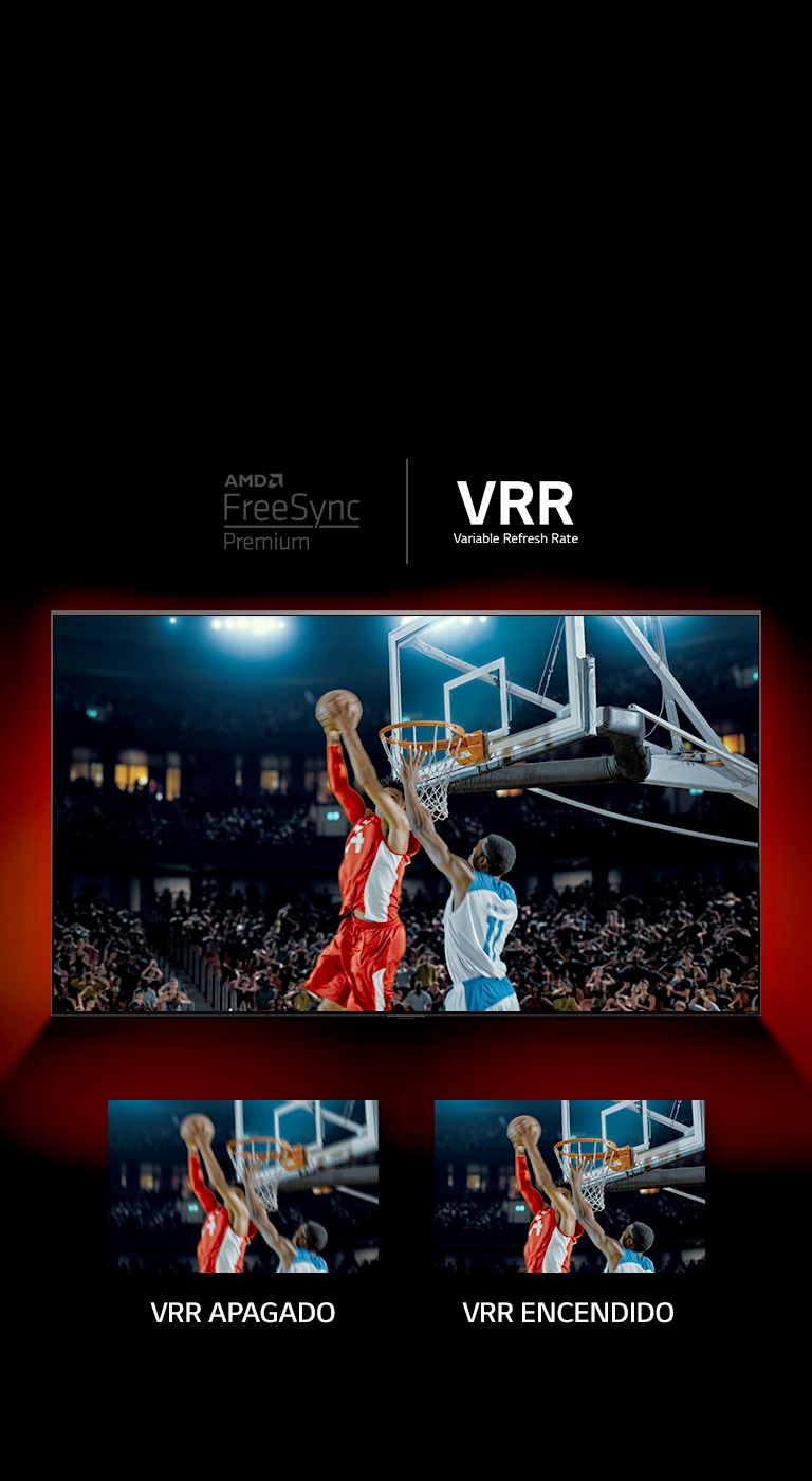 Naprzeciwko czerwonej ściany stoi telewizor QNED – obraz w ekranie przedstawia mecz koszykówki między dwoma graczami. Na dole po prawej znajdują się dwa boksy. Po lewej stronie znajduje się napis VRR OFF i obraz jest zamazany, a po prawej stronie znajduje się napis VRR ON i jest wyświetlony ten sam obraz.