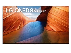 dwa pomarańczowe klify i zdjęcie przerębla na ekranie modelu QNED99