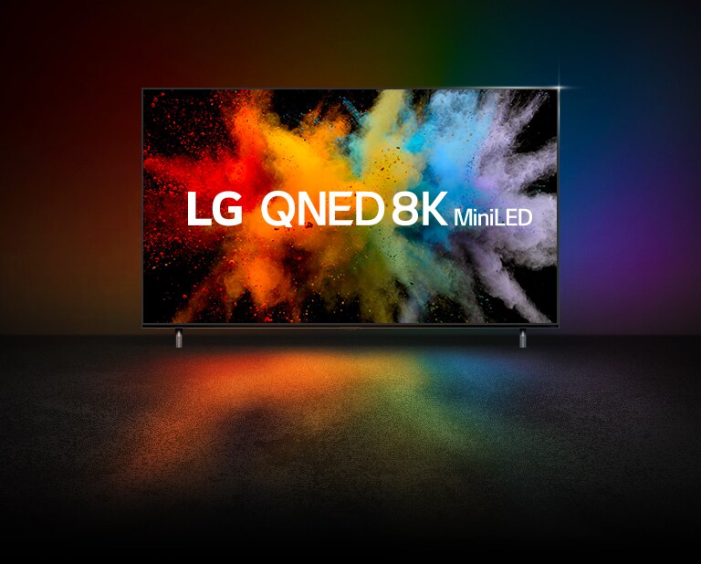 Ruchome napisy QNED i NanoCell łączą się i rozpryskują w kolorowy proszek na ekranie telewizora.