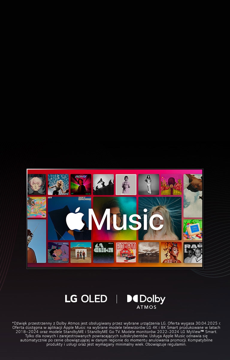 Układ siatki albumów z nałożonym logo Apple Music, z logo LG OLED i Dolby Atmos na dole.