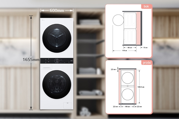 Wyjaśnia, ile miejsca potrzeba na instalację pralki. Zawiera informację o tym, ile miejsca potrzeba na zamontowanie pralki – 10 cm z tyłu i 2,5 cm z lewej i prawej strony.