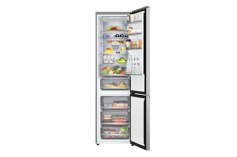 Vista con la porta completamente aperta del frigorifero LG con congelatore inferiore (gbbs726cpy) che mostra gli scomparti del frigorifero e del congelatore.