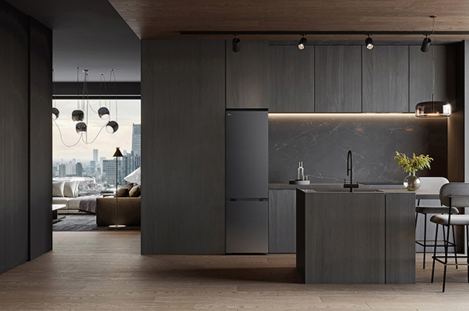 LG-koelkast met vriesvak (gbbs726cpy) ingebouwd in donkerbruine kasten met raam en bank aan de linkerkant en een spoelbak aan de rechterkant