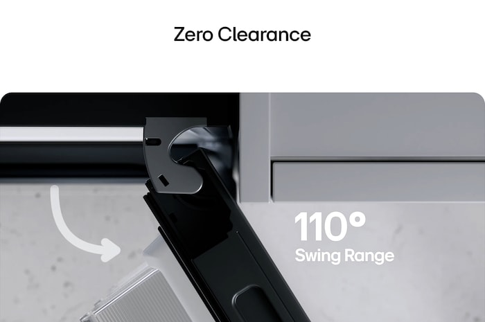 Bovenaanzicht van LG-koelkast met vriesvak (gbbs726cpy) met matzwarte koelkast aan de linkerkant en een kastwand aan de rechterkant