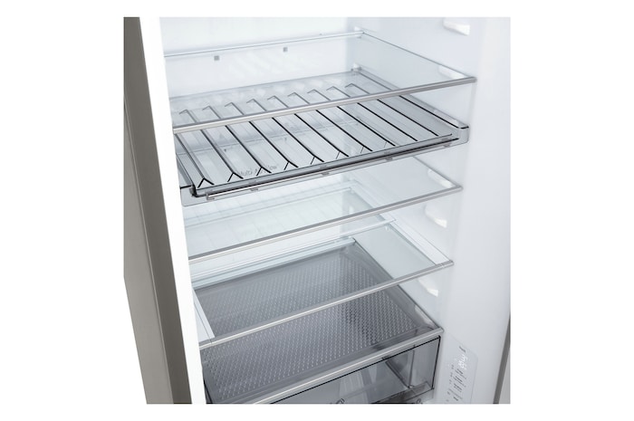 Plank van LG-koelkast met vriesvak (GBBS726Cgbbs726cpyEV) gemarkeerd in het blauw met pijltjes omhoog en omlaag, afbeelding aan de rechterkant laat gevouwen plank met twee waterflessen zien