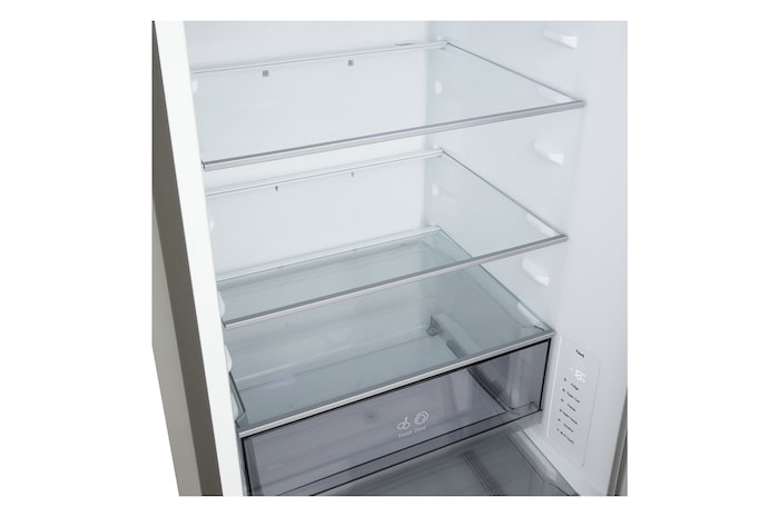 Plank van LG-koelkast met vriesvak (GBBS726Cgbbs726cpyEV) gemarkeerd in het blauw met pijltjes omhoog en omlaag, afbeelding aan de rechterkant laat gevouwen plank met twee waterflessen zien