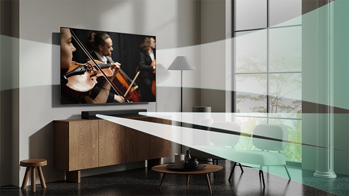 Violin concert is being played on LG TV on the wall. Virtual sound effect is coming out from LG TV and LG Soundbar S20A simultaneously, showing how WOW Orchestra is created.