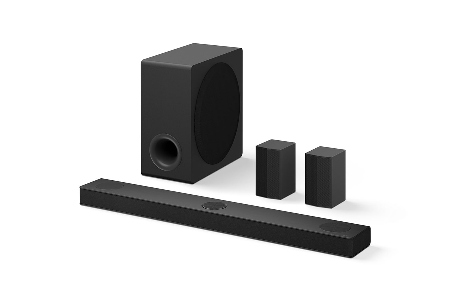 45-degree side angle view of Soundbar, Sub Woofer, and Rear Speakers