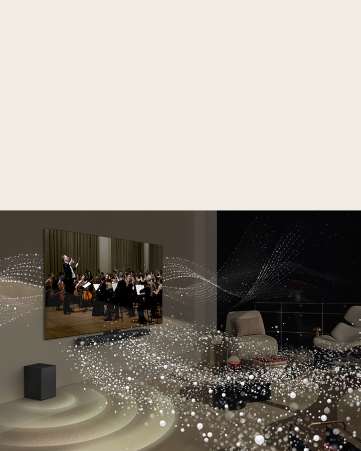 A imagem de uma LG OLED TV e LG Soundbar montadas na parede de uma sala de estar e gráficos com formas brilhantes à volta da sala.